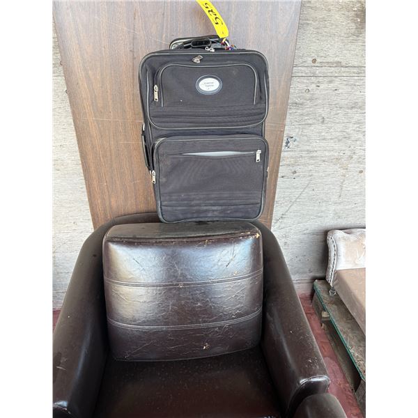 6ft Table, suitcase, 2- leatherette chairs & stool