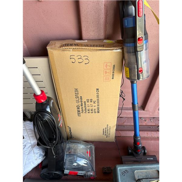 Box of fish hooks, 2 vacuums, underlay, floor runner, fabric wardrobe, twin mattress pad