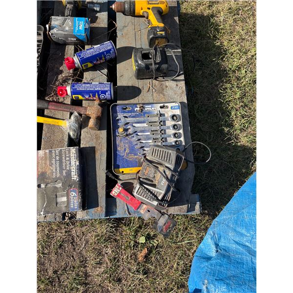 Air Chisel, snap ring pliers, DeWalt drill, misc. tools & charger