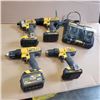Image 1 : THREE DEWALT 20V CORDLESS DRILLS, ONE IMPACT WITH BATTERIES AND DUAL CHARGER