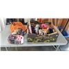 Image 1 : TIRE CHAINS, HYDRAULIC JACK AND BOX OF ASSORTED TOOLS