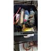 Image 1 : TOTE OF ASSORTED POWER TOOLS, SAWS ALL, RIDGID DRILL, NO BATTERY, HAND TOOLS AND SHOP SUPPLY