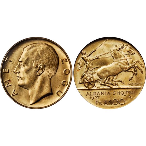Ahmed Zogu, as President (1925-1928). Gold 100 Franga Ari, 1927 R.