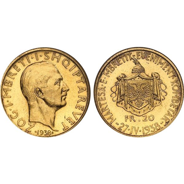 King Zog (Ahmed Zogu), 1928-1939. Gold 20 Franga Ari, 1938 R.