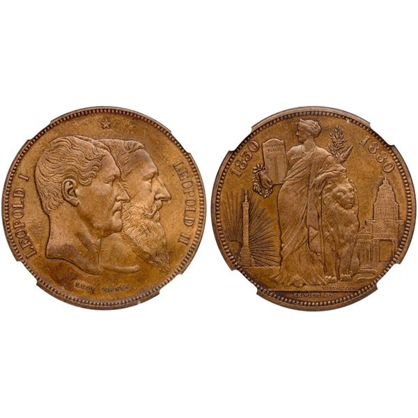 Leopold II (1865-1909). Medallic 5 Francs in Copper, 1880.
