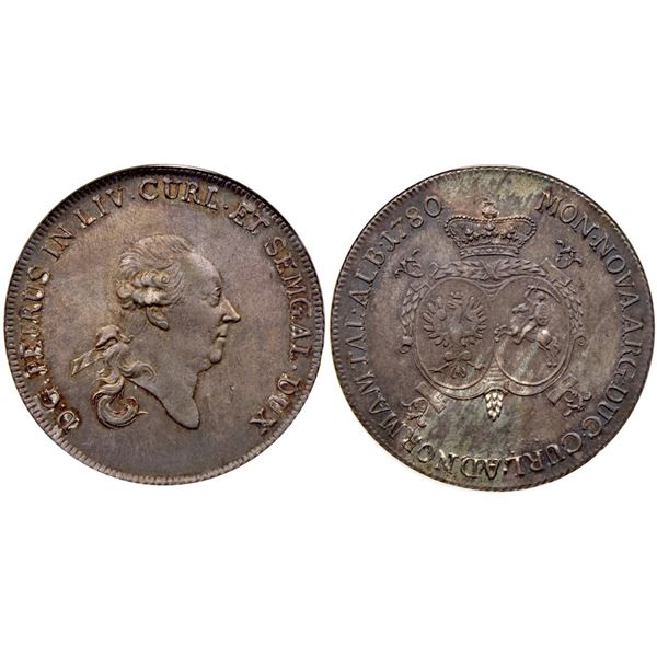Peter von Biron, Duke of Livonia, Courland and Semigallia (1769-1795). Silver Taler 1780.