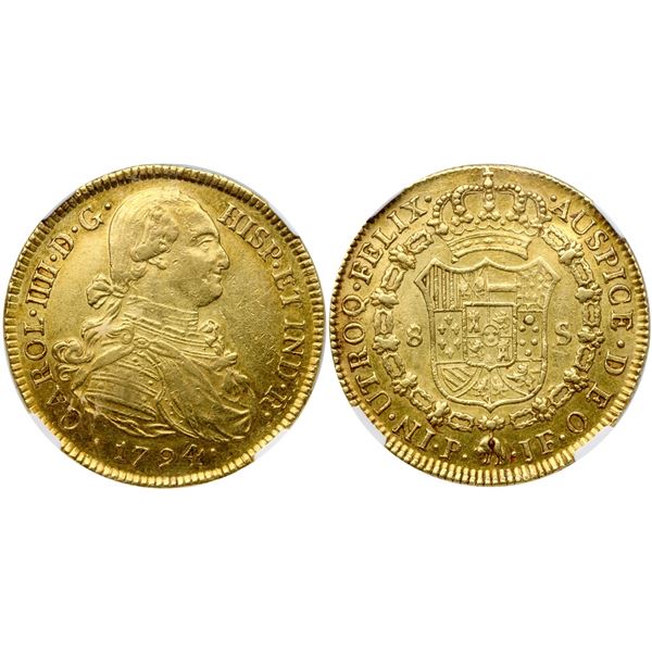 Carlos IV (1788-1808). Gold 8 Escudos, 1794 P JF.