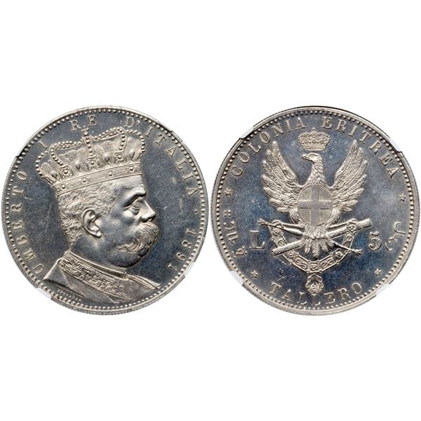 Umberto (1889-1900). Silver 5 Lire - Tallero, 1891.