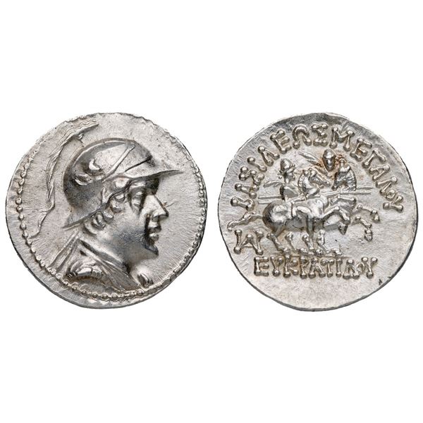 Baktrian Kingdom. Eukratides I Megas (ca. 170-145 BC). Silver Drachm (4.24 g).