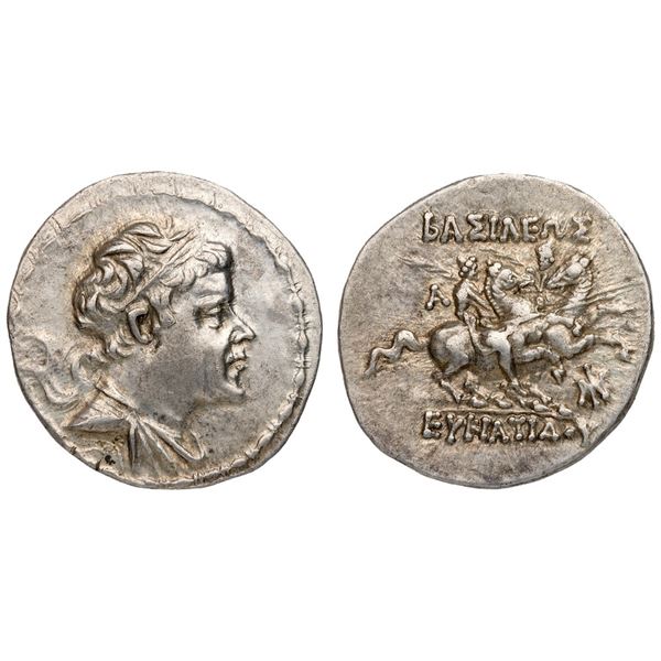 Baktrian Kingdom. Eukratides I Megas (ca. 170-145 BC). Silver Drachm (4.21 g).