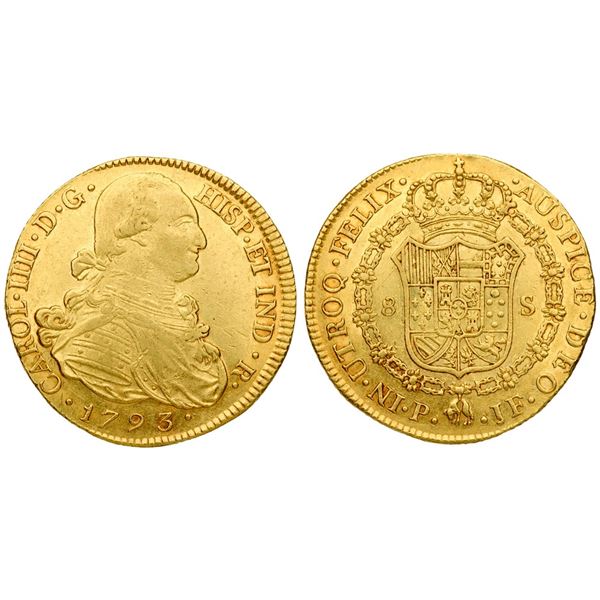 Carlos IV (1788-1808). Gold 8 Escudos, 1793 P JF.