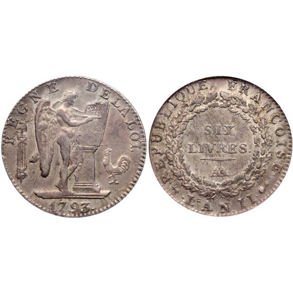 National Convention. Silver 6 Livres 1793 AA.