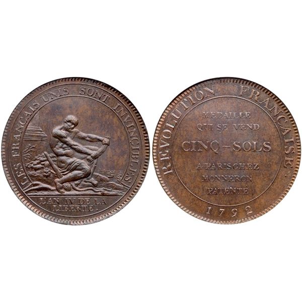 National Convention. Essai Medal of 5 Sols, 1792.