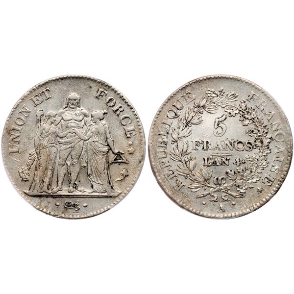 Directory. Silver 5 Francs, L’An 4 (1795) A.
