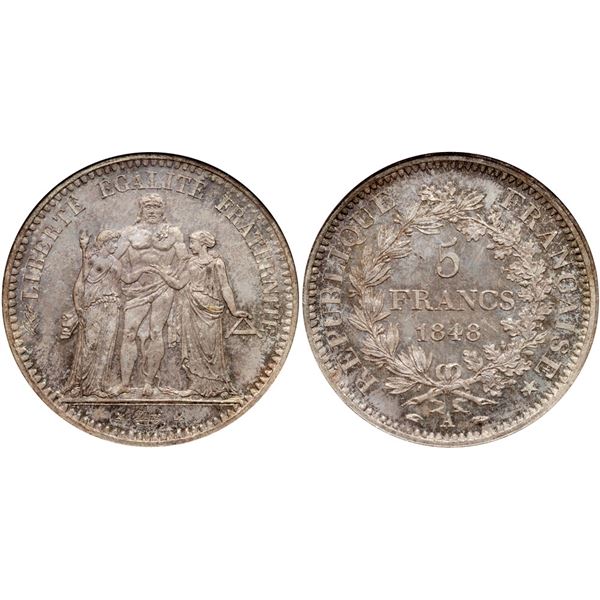 Second Republic.  Silver 5 Francs, 1848 A.