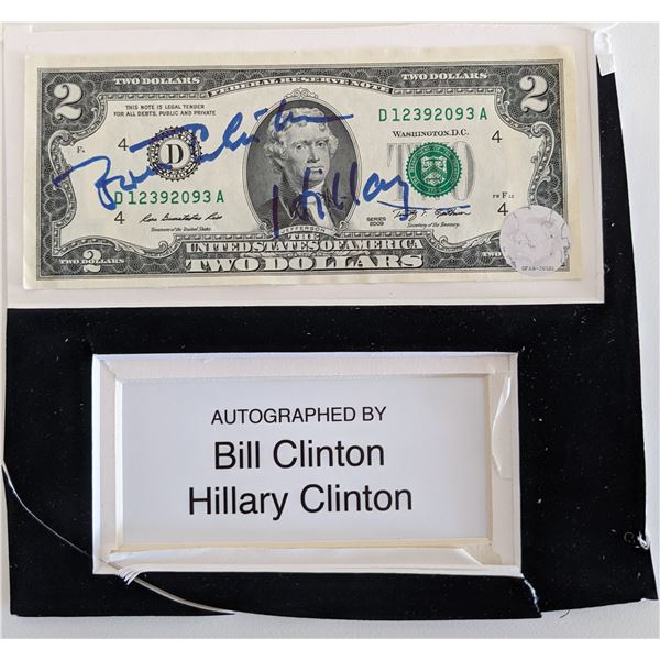Bill Clinton and Hillary Clinton Signed Two Dollar Bill. GFA Authenticated
