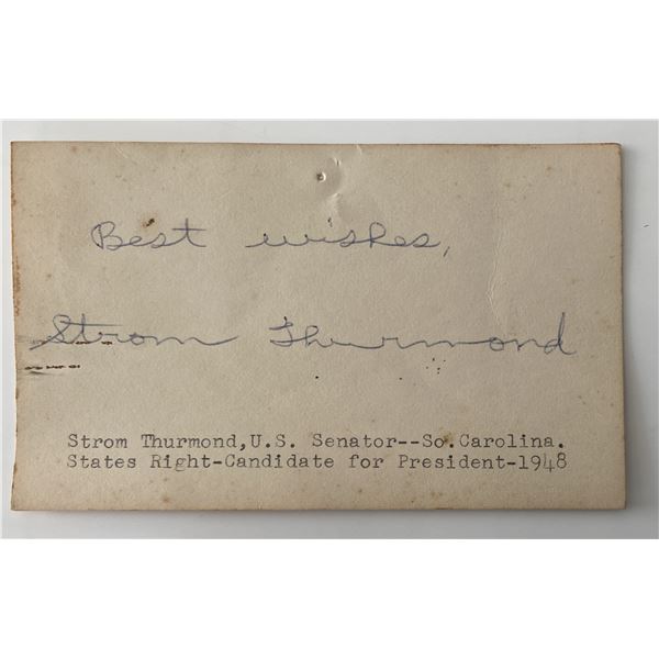 South Carolina Senator Strom Thurmond signed autograph card
