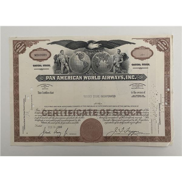 Pan American World Airways, INC Five Shares Certificate of Stock