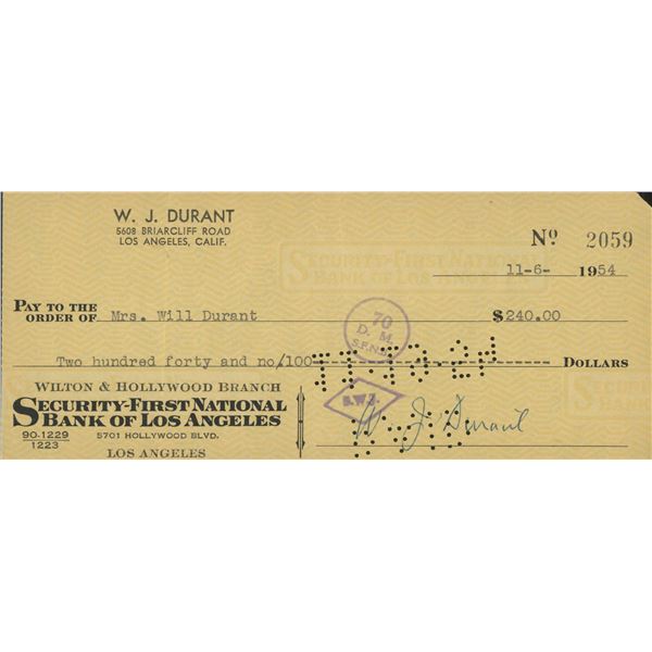 The Story of Civilization Author Will Durant signed check