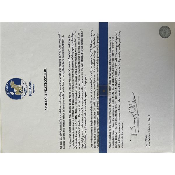 Apollo XI Kapton Foil fragment flown in space signed by Buzz Aldrin. GFA authenticated