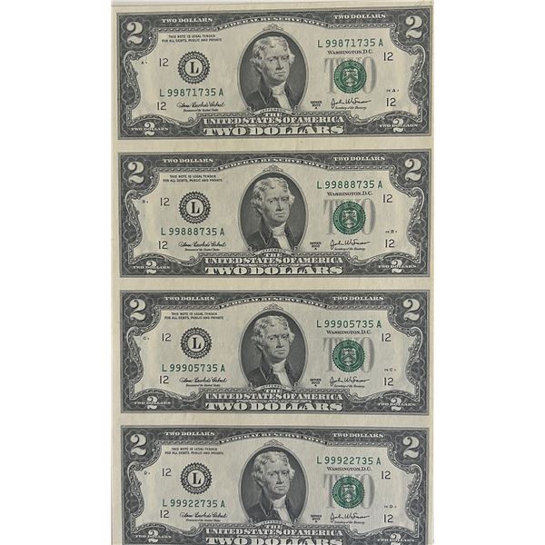 United States $2 bill uncut mint sheet