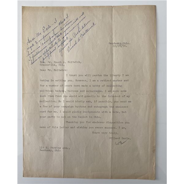 Prohibition candidate Enoch A. Holtwick signed collector letter