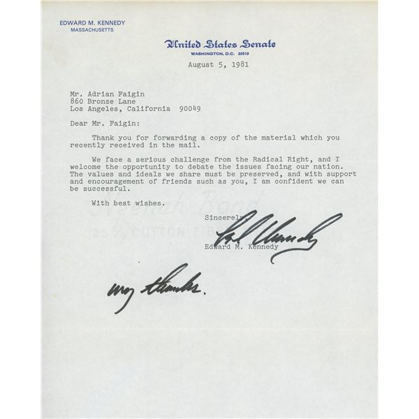Edward M. Kennedy signed letter. GFA Authenticated
