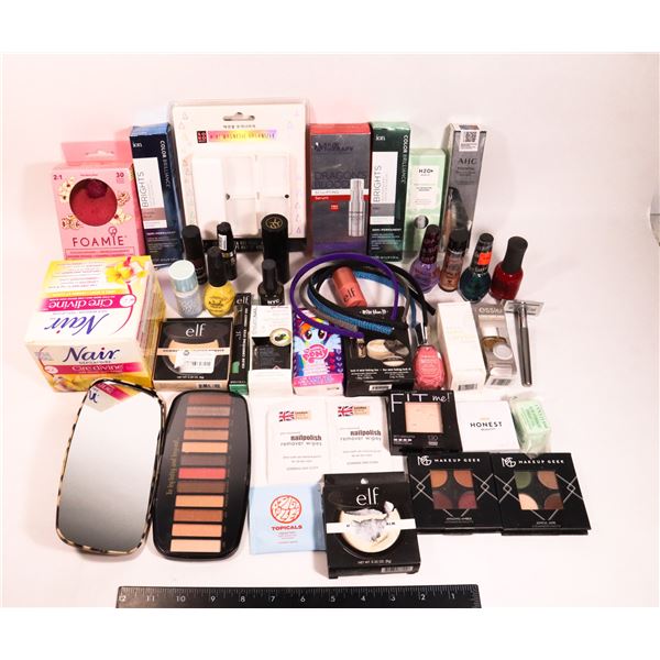 PLASTIC TOTE OF BEAUTY PRODUCTS