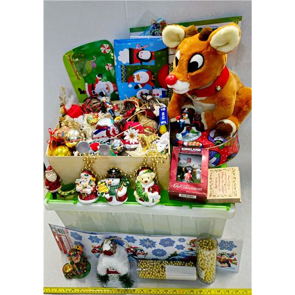 BIN OF MISC VINTAGE TO NEWER XMAS DECORATIONS