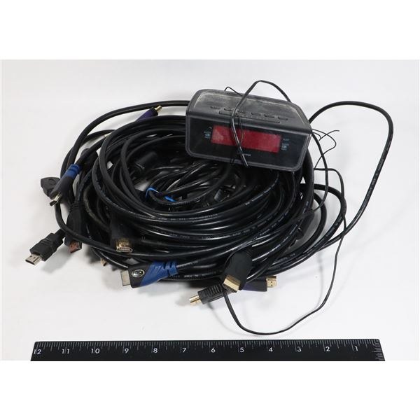BAG OF HDMI CABLES AND CLOCK RADIO