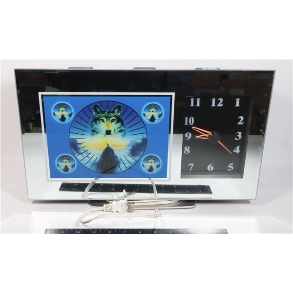 VINTAGE MIRRORED WOLF THEME CLOCK, WALL PLUG