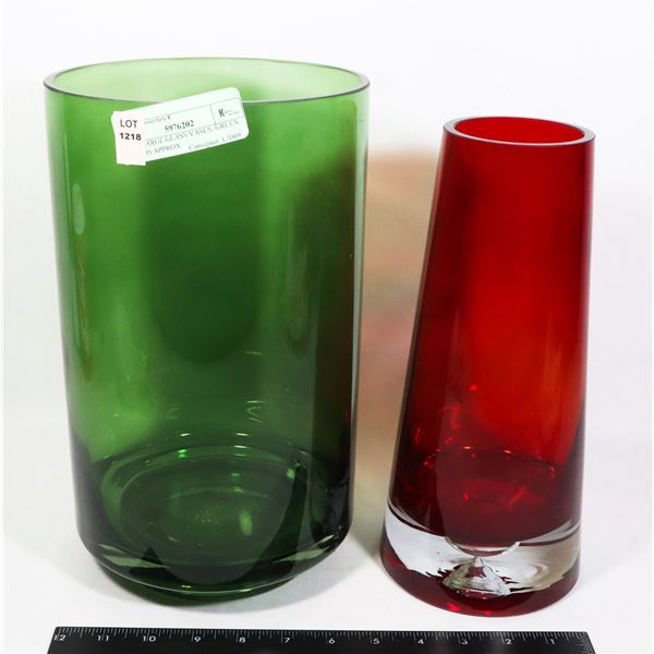 TWO LARGE GLASS VASES, GREEN VASE IS APPROX