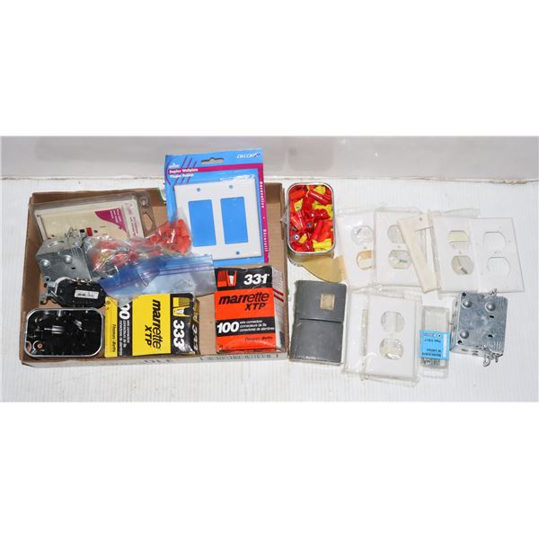 FLAT OF ASSORTED ELECTRICAL ITEMS, BOXES,