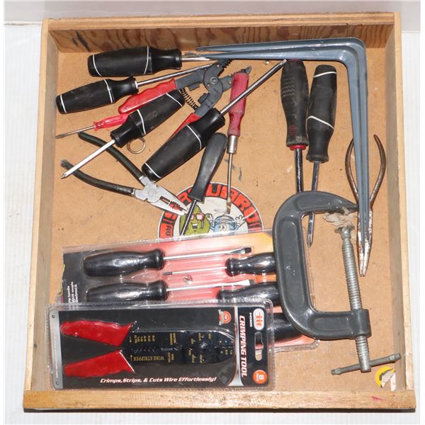 DRAWER FULL OF TOOLS AND SHELF L BRACKETS