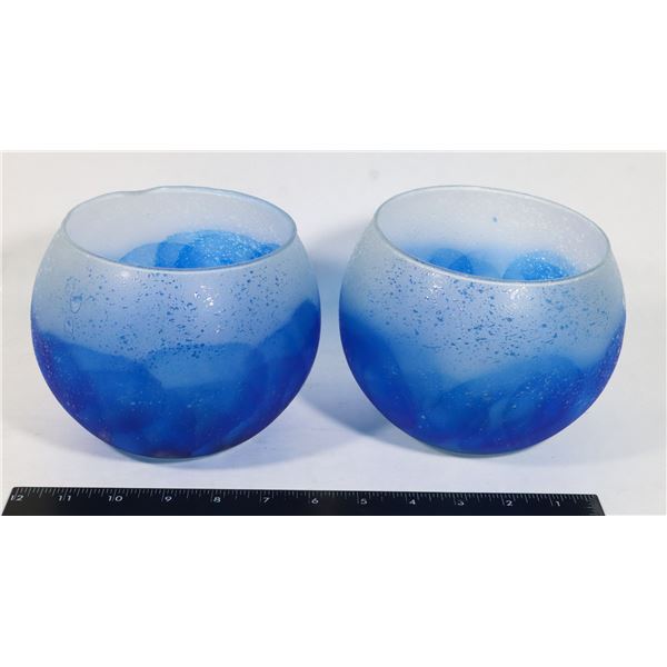 TWO BLUE BARREL GLASS VASE/ CANDLE HOLDERS