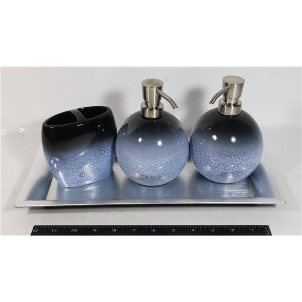 TWO BLUE AND GREY CARO DISPENSERS WITH MATCHING