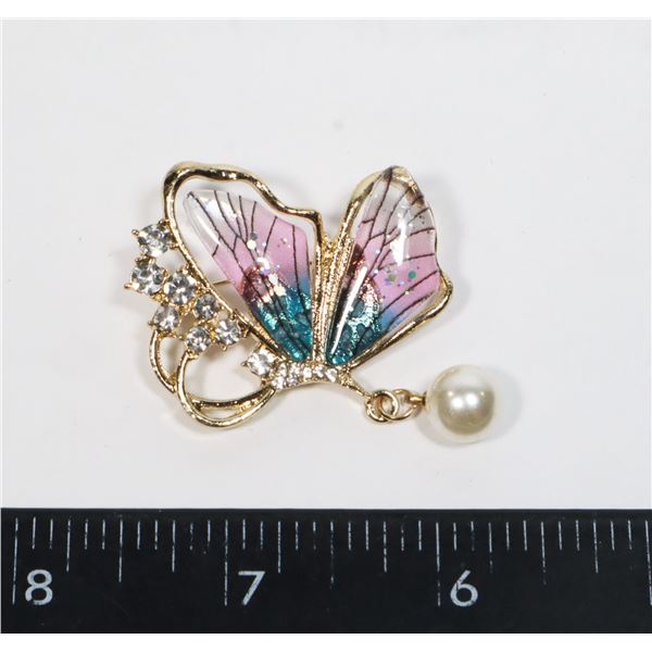 NEW RHINESTONE PINK/BLUE WINGED BUTTERFLY BROOCH