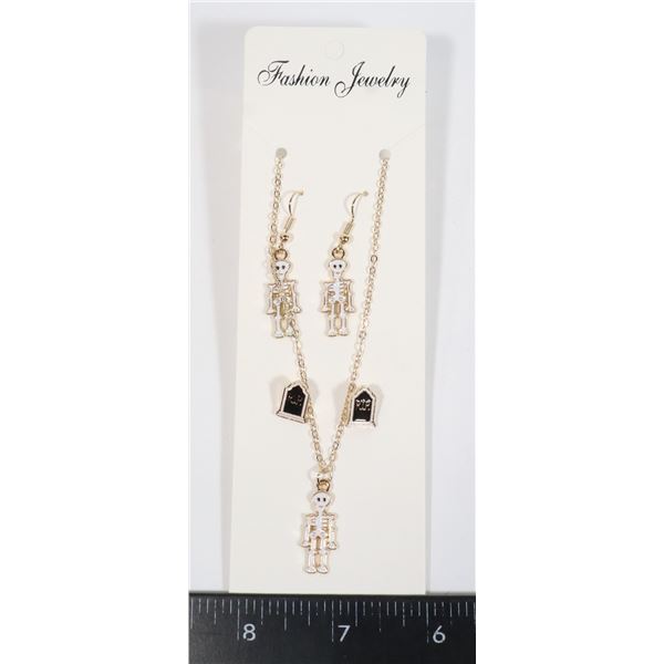 NEW SKELTON AND TOMBSTONE EARRING AND NECKLACE