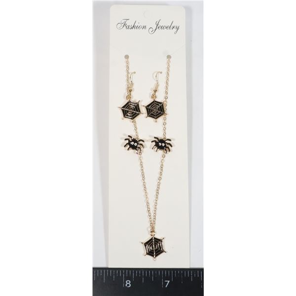 NEW GOLD TONE SPIDER THEME EARRING AND NECKLACE