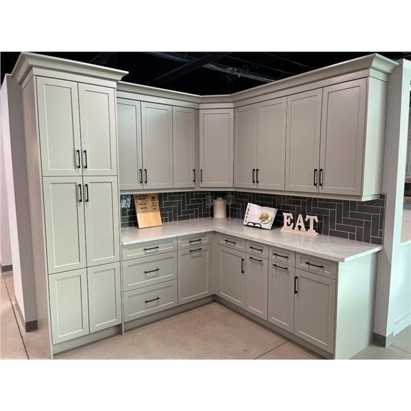 Showroom Display 12 Piece Grey Cabinet Set includes counter top as pictured disassembled and ready f