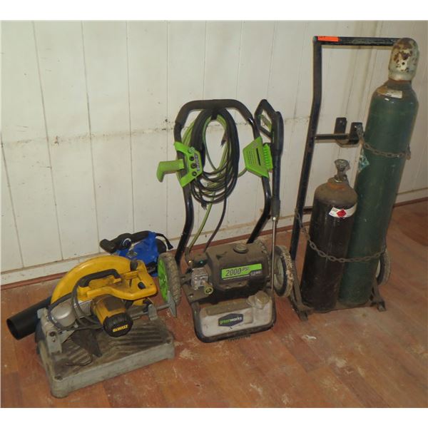 (KAILUA) DeWalt D28715 Chop Saw, GreenWorks 2000 PSI Pressure Washer, Tanks, Blower (Untested)
