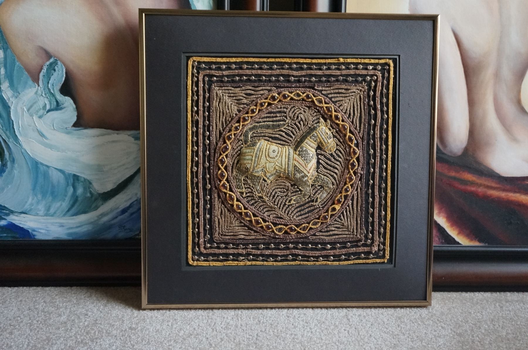 Vintage boho decor, Kalage embroidery framed