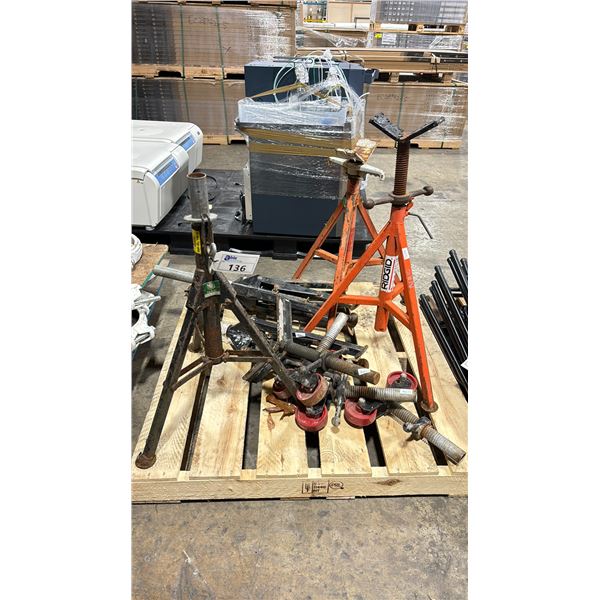 PALLET OF ASSORTED V HEAD PIPE STANDS INCLUDING RIDGID & FOLDING PIPE/MATERIAL JACK STANDS