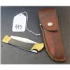 Image 1 : Lock Blade pocket knife, w/ leather sheath - brass n wood - 5"