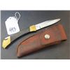 Image 2 : Lock Blade pocket knife, w/ leather sheath - brass n wood - 5"