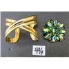 Image 2 : Emerald green rhinestone brooch, w/ gold cuff bracelet