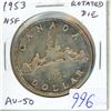 Image 1 : 1953 No Shoulder Fold Canadian Silver Dollar with Diving Canoe. There is a major Die Rotation on thi