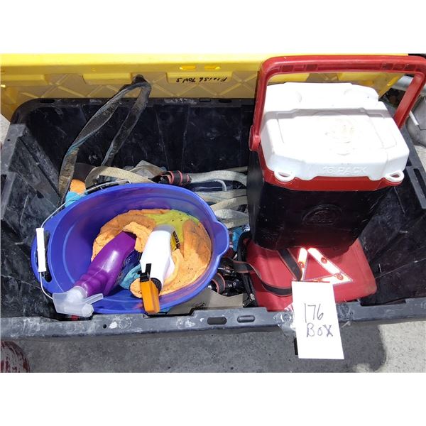 STORAGE TUB W/ASST RATCHING TIE DOWNS & OTHER ITEMS