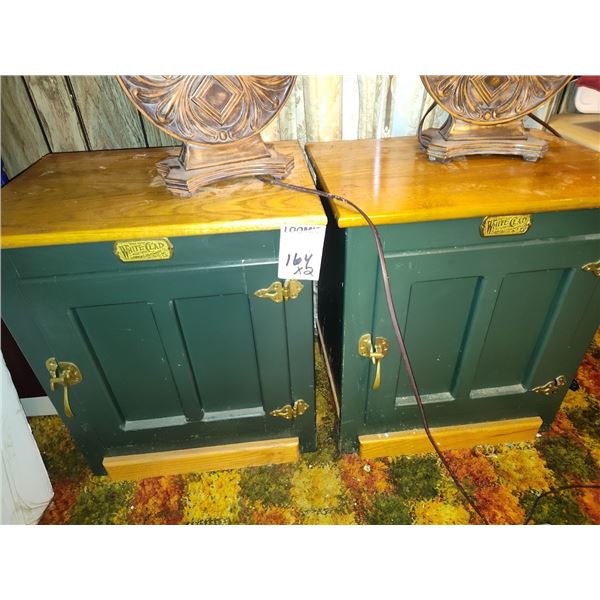 WHITE CLAD ANTIQUE ICE BOX/OAK TOP COFFEE TABLES