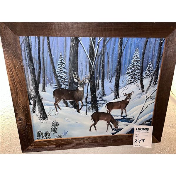 WOOD FRAMED WHITETAIL DEER FAMILY OIL PAINTING SIGNED